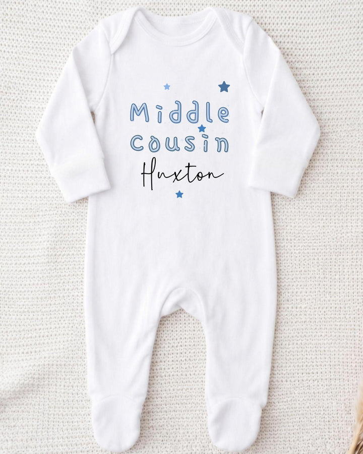 A white onesie with the text "Middle Cousin Huxton" printed on it.