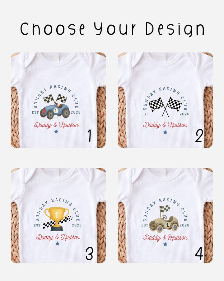 four different t-shirt designs featuring the "Sunday Racing Club" logo and a racing car.