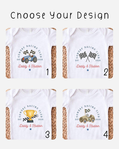 four different t-shirt designs featuring the "Sunday Racing Club" logo and a racing car.