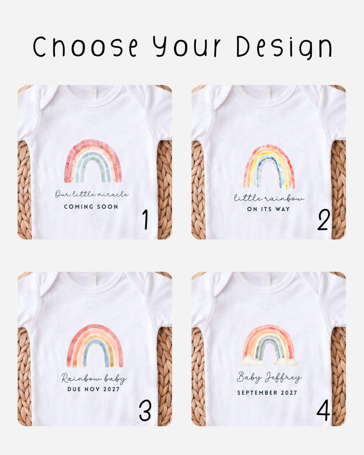 four different baby t-shirts with a rainbow design, each with a unique message related to the upcoming arrival of a baby.