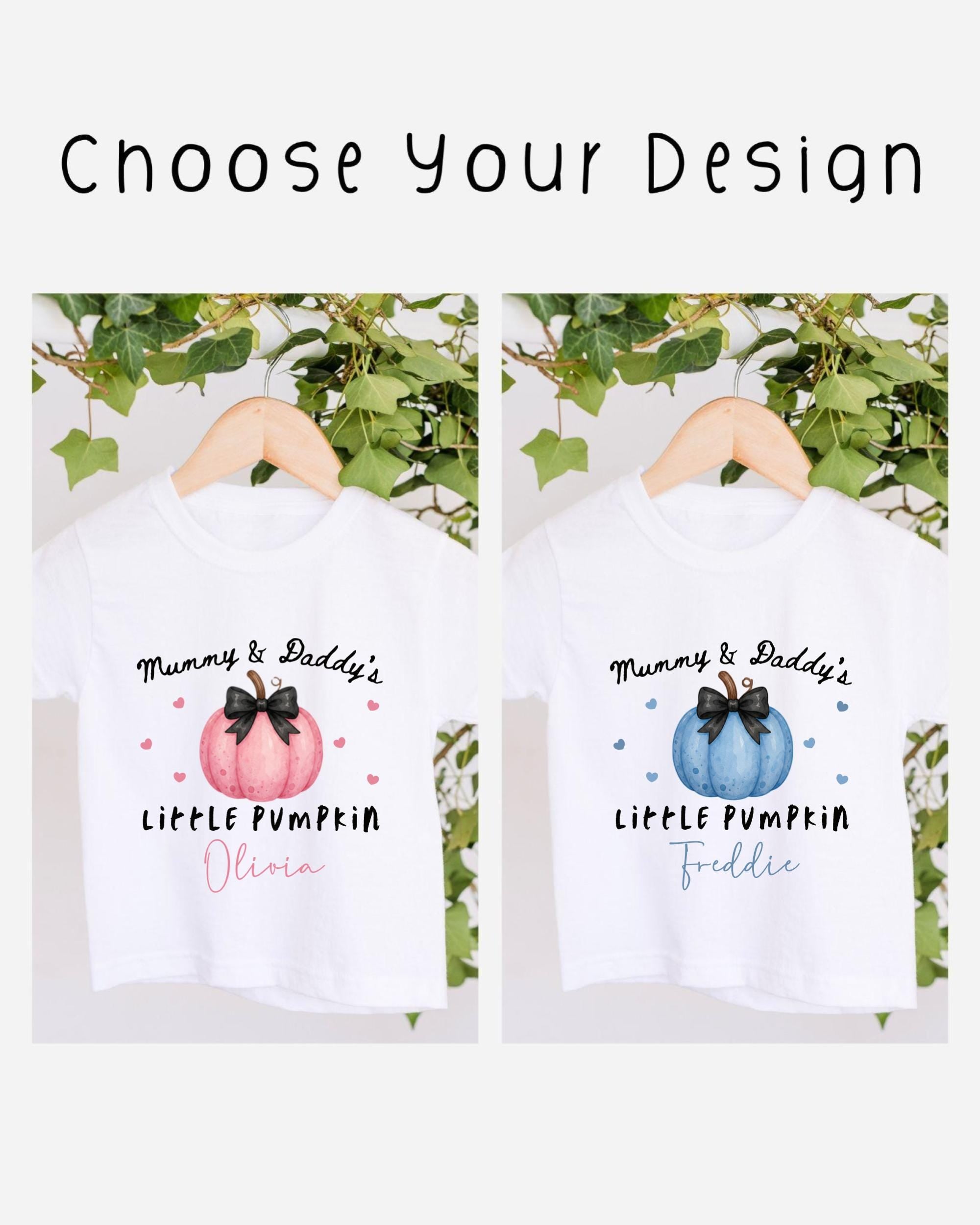 two white t-shirts with personalized text and illustrations, hanging on a wooden hanger. The text on the t-shirts reads "Mummy & Daddy's LITTLE PUMPKIN Olivia" and "Mummy & Daddy's LITTLE PUMPKIN Freddie", indicating that the t-shirts are designed for a mother and father to wear. The t-shirts are set against a backdrop of greenery, creating a natural and serene atmosphere.
