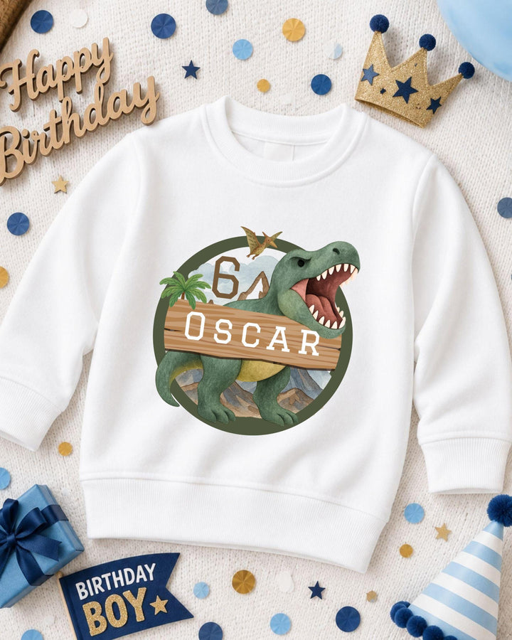 A white sweatshirt with a dinosaur graphic and the number 6, along with a birthday hat and other party decorations, suggesting a birthday celebration.