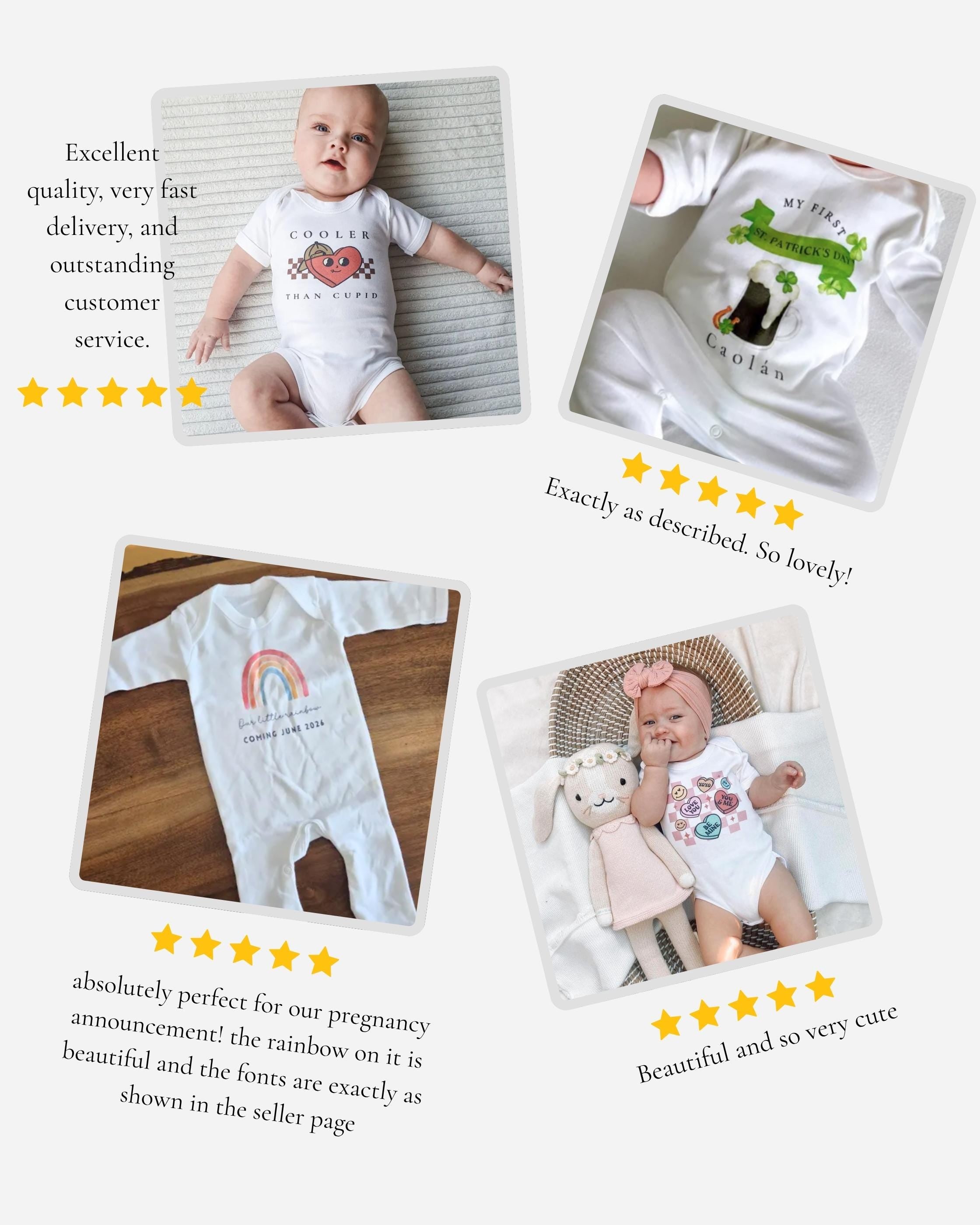 The image is a collage of four photos featuring a baby wearing a white onesie with a rainbow design, a baby wearing a white onesie with a cat design, a baby wearing a white onesie with a rainbow design, and a baby wearing a white onesie with a cat design. The photos are described as "very cute" and "excellent quality, very fast delivery, and outstanding customer service."