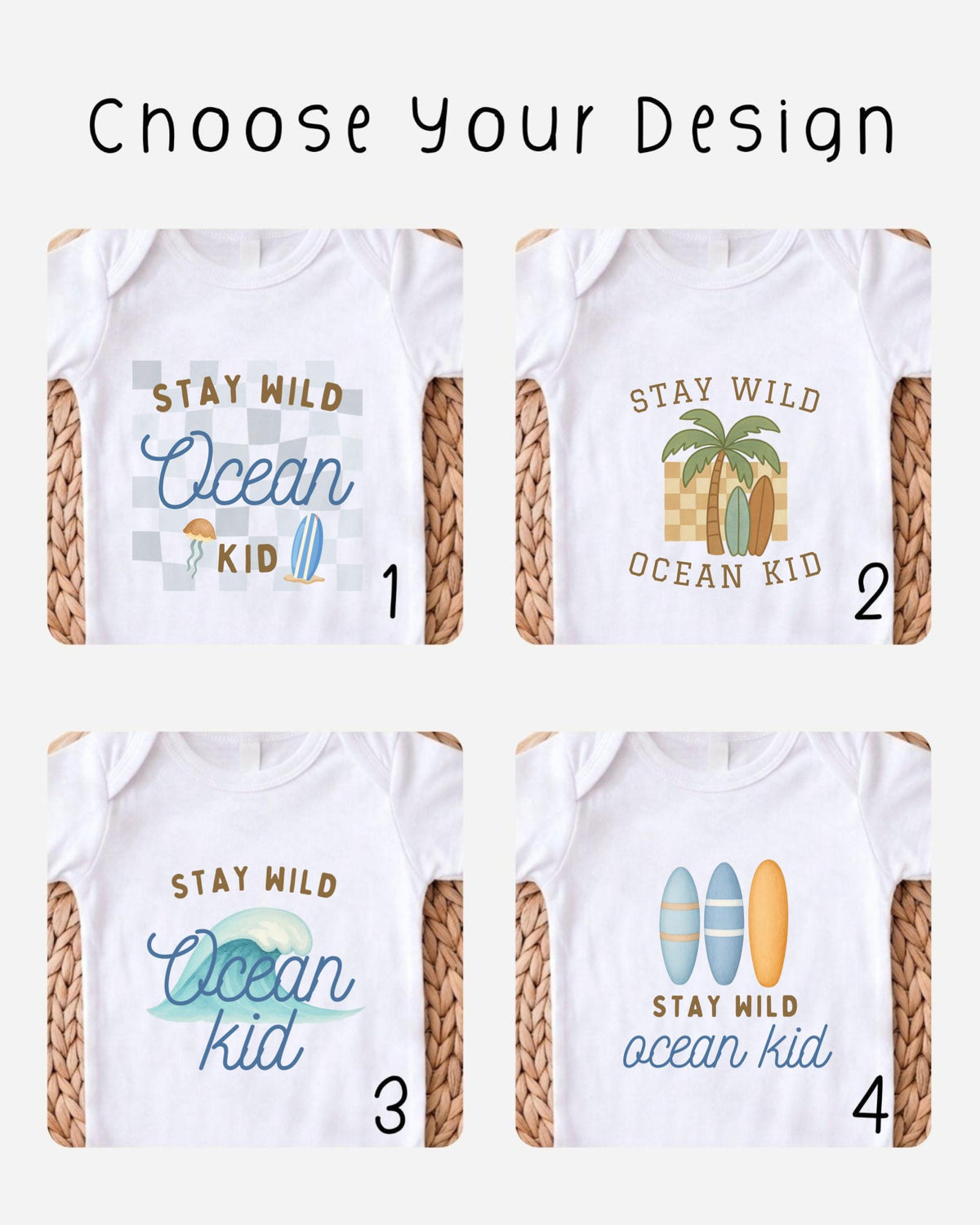 four different t-shirt designs with the text "STAY WILD OCEAN KID" printed on them.