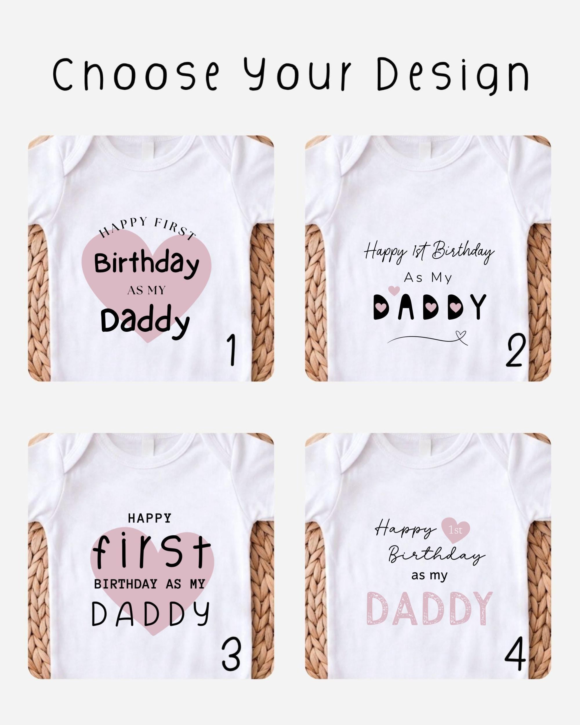 four different t-shirt designs with birthday-themed text, each featuring a unique message related to a first birthday celebration.