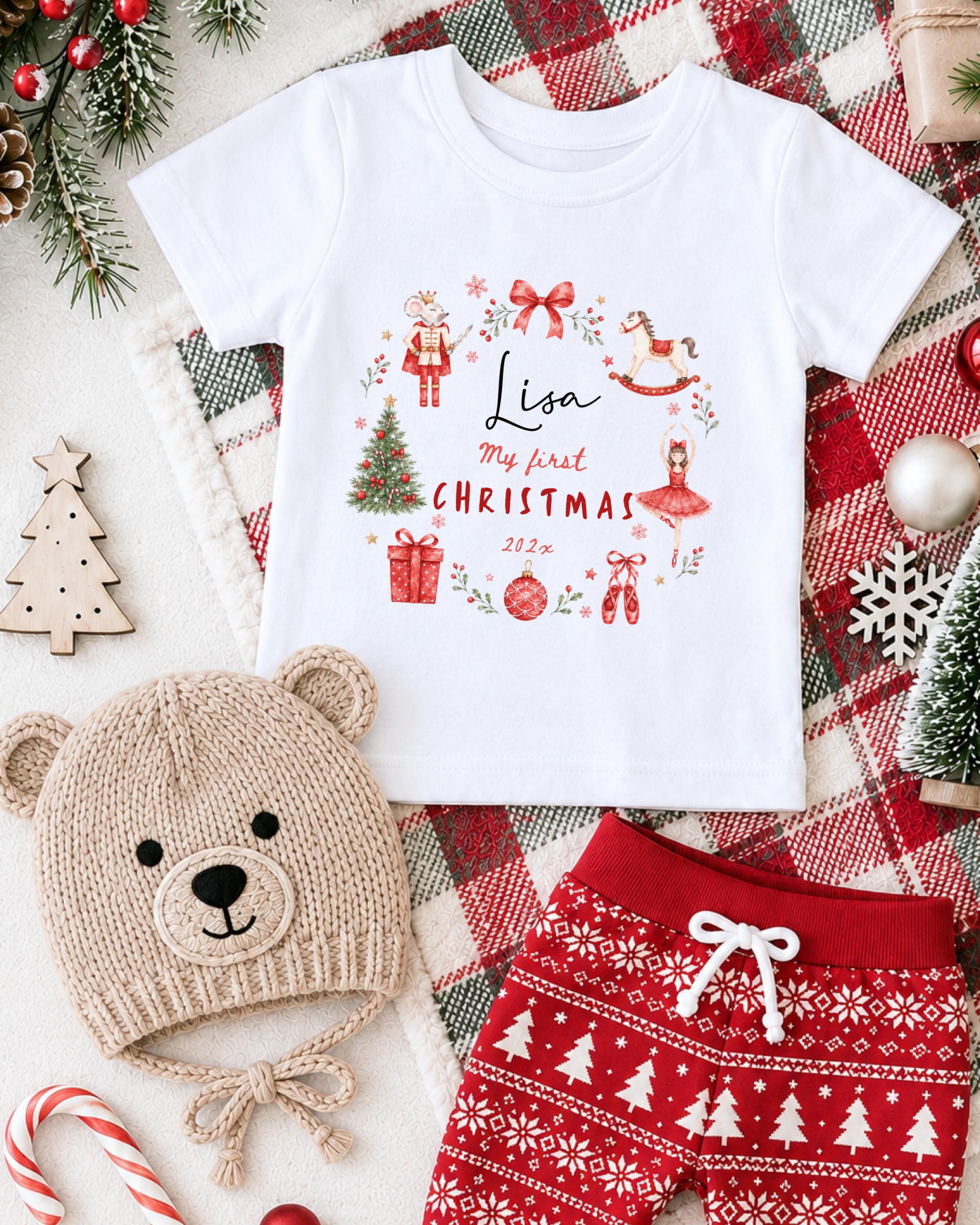 A white t-shirt with a Christmas-themed design, a beige knit hat with a teddy bear face, and red and white patterned shorts, all surrounded by holiday decorations such as a Christmas tree, ornaments, and a snowflake.