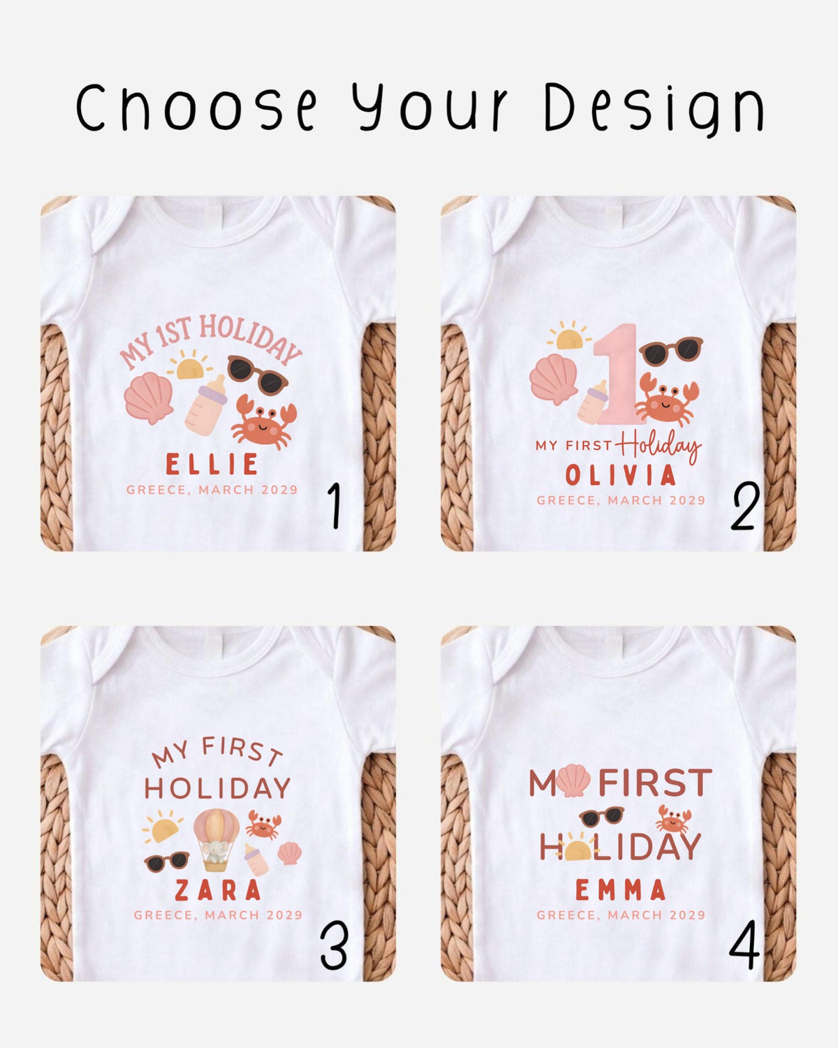 four different white t-shirts with various holiday-themed designs and text, each representing a different design choice for a child's first holiday outfit.