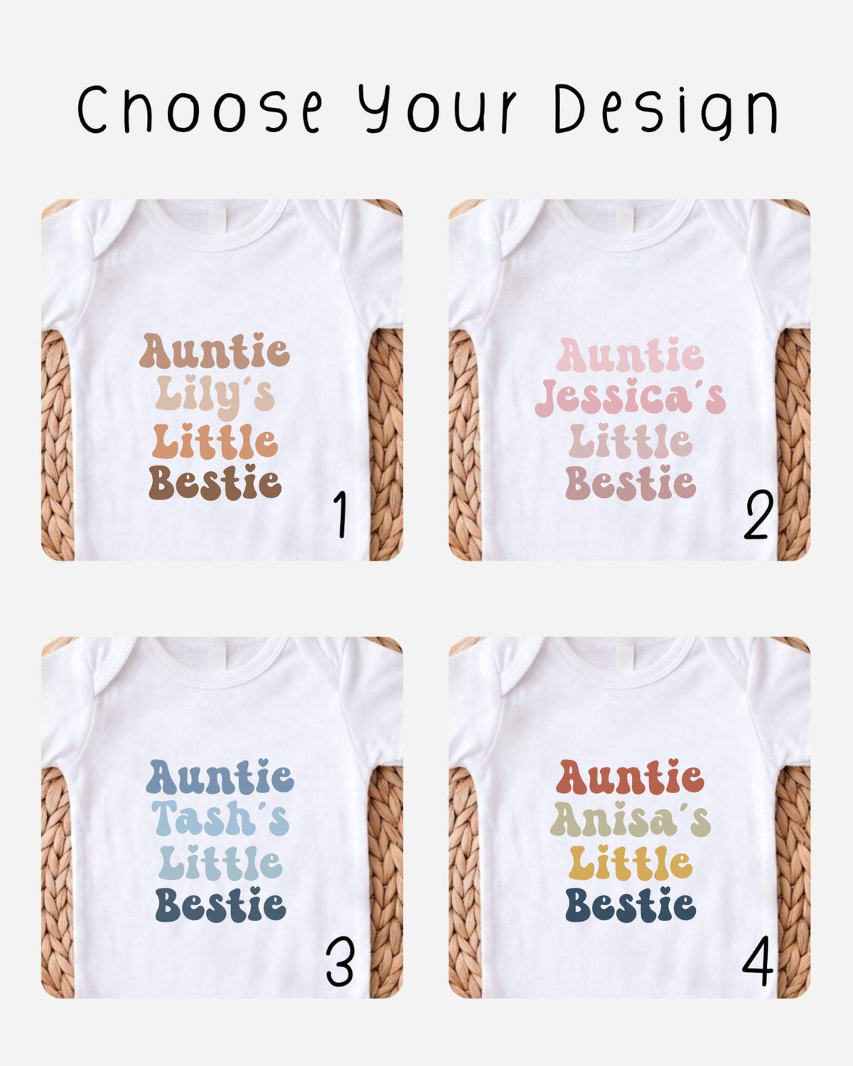 four different t-shirt designs with the names of family members or friends printed on them.