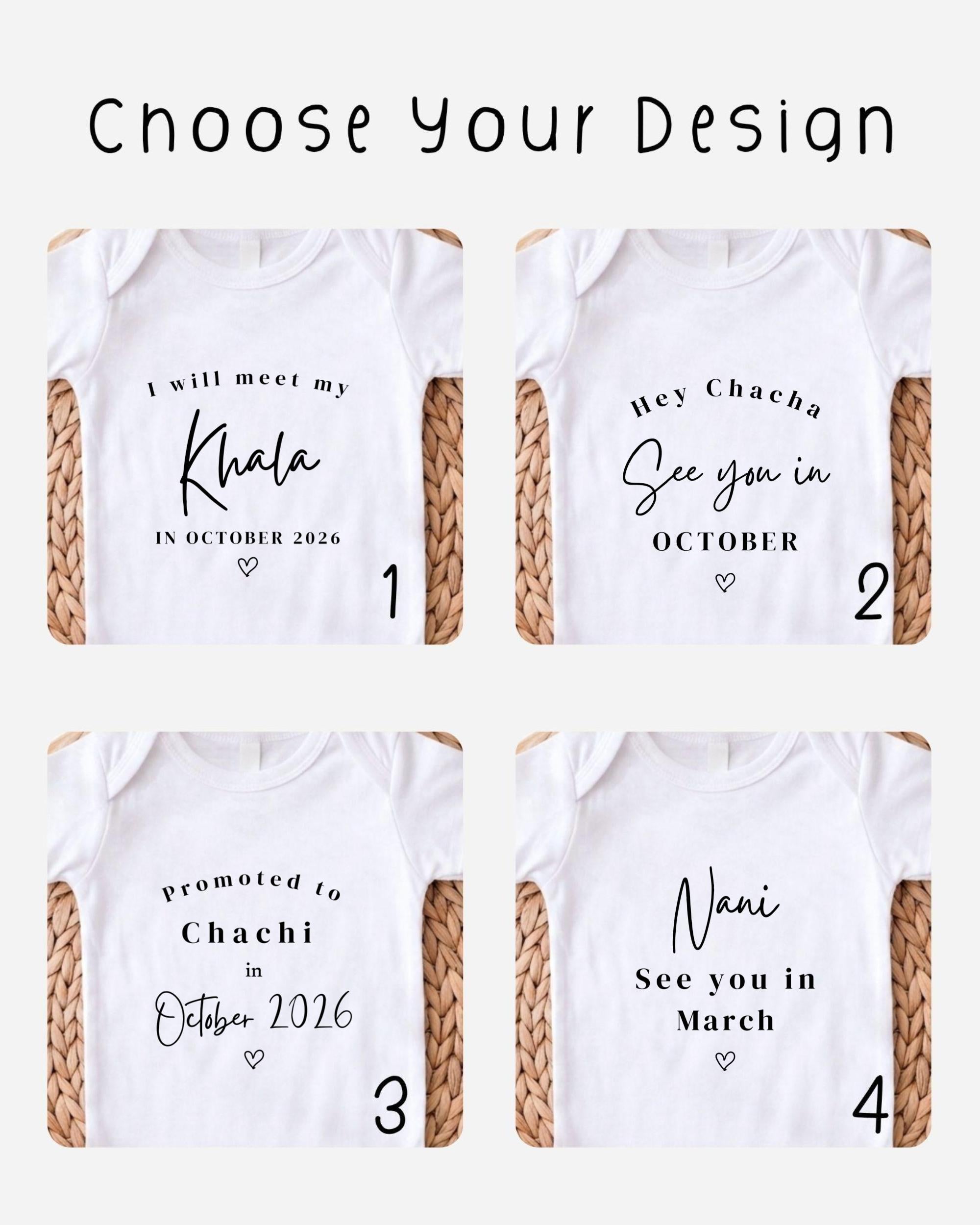 four white t-shirts with text and numbers, likely representing a design for a baby announcement.