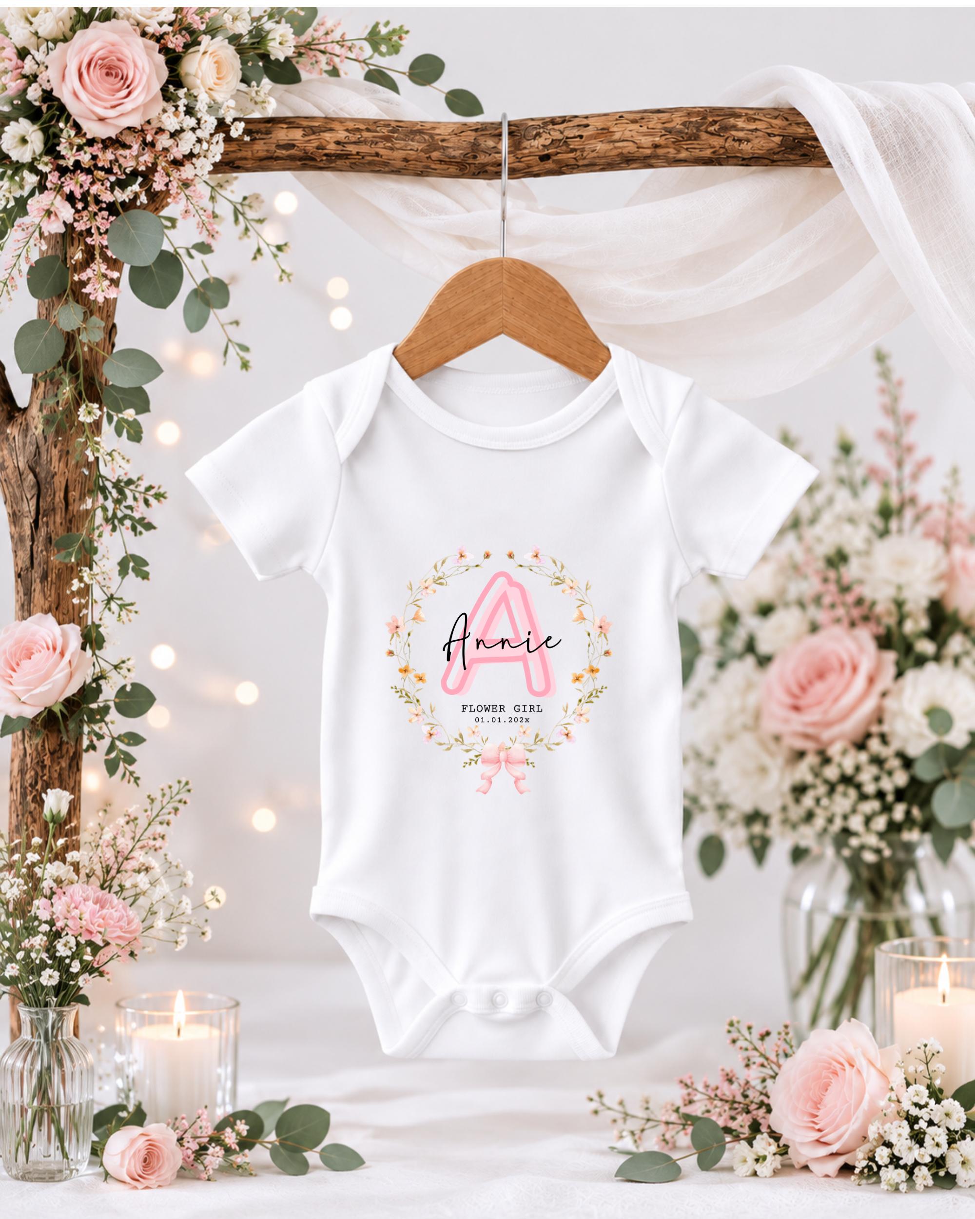 A white baby onesie with a pink floral design hangs on a wooden hanger, surrounded by pink and white flowers, candles, and greenery.