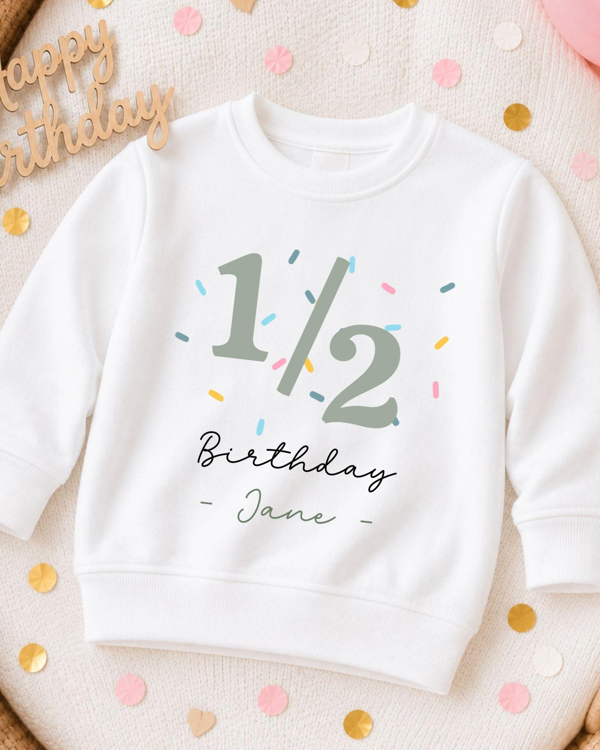 A white sweatshirt with a birthday message printed on it, surrounded by confetti.