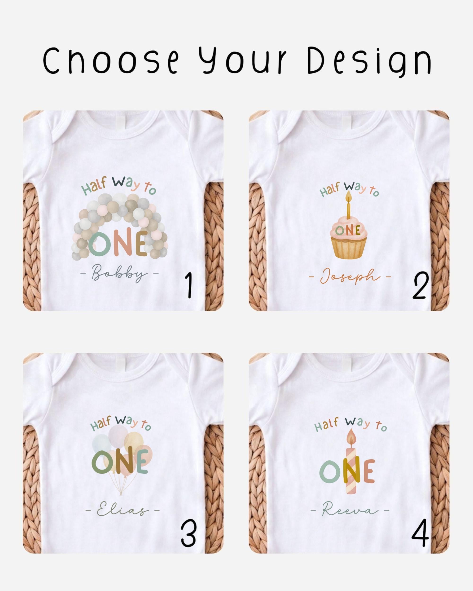four different designs for baby shirts, each with a unique theme related to a birthday celebration.