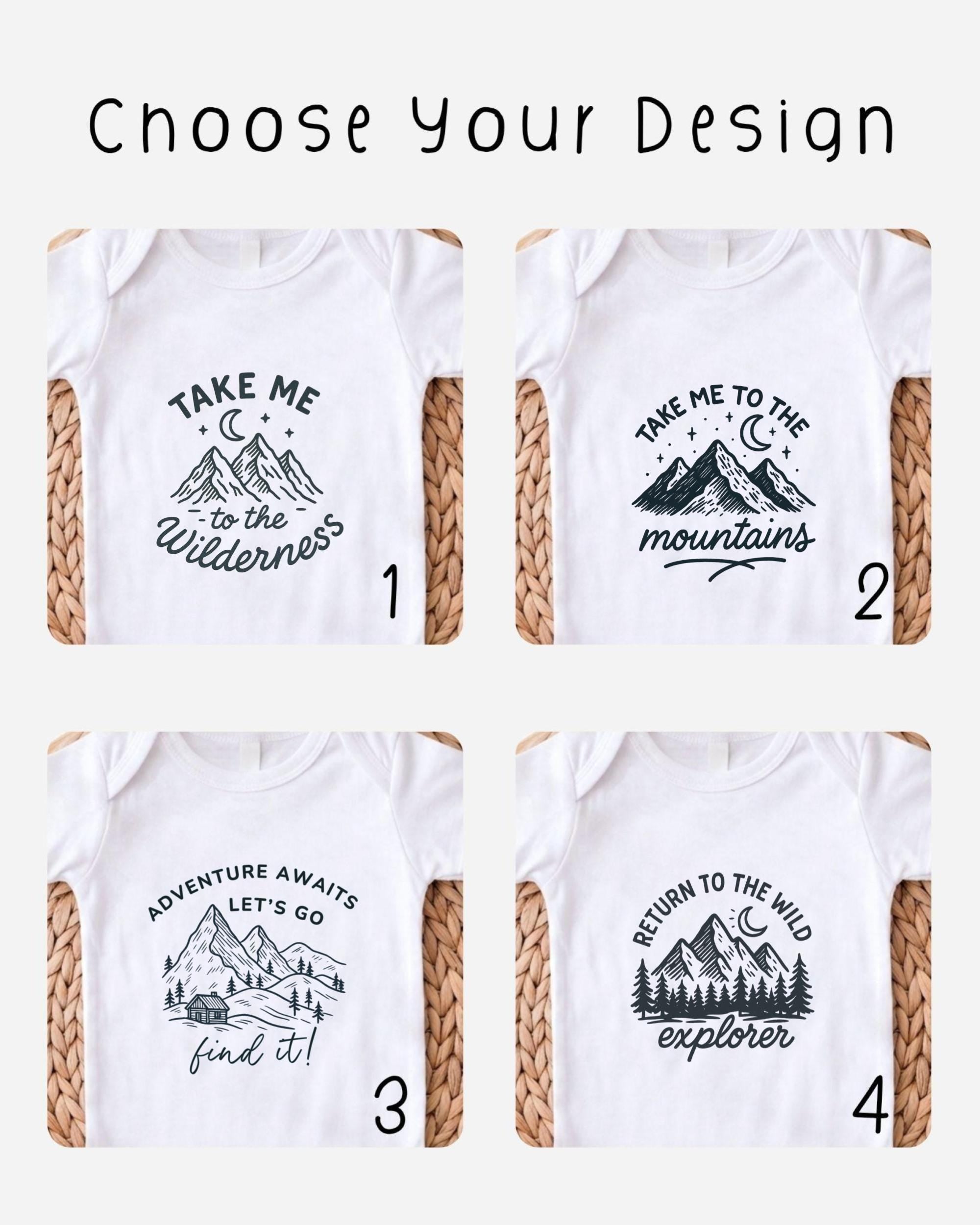 four different t-shirt designs with mountain-themed graphics and inspirational phrases.