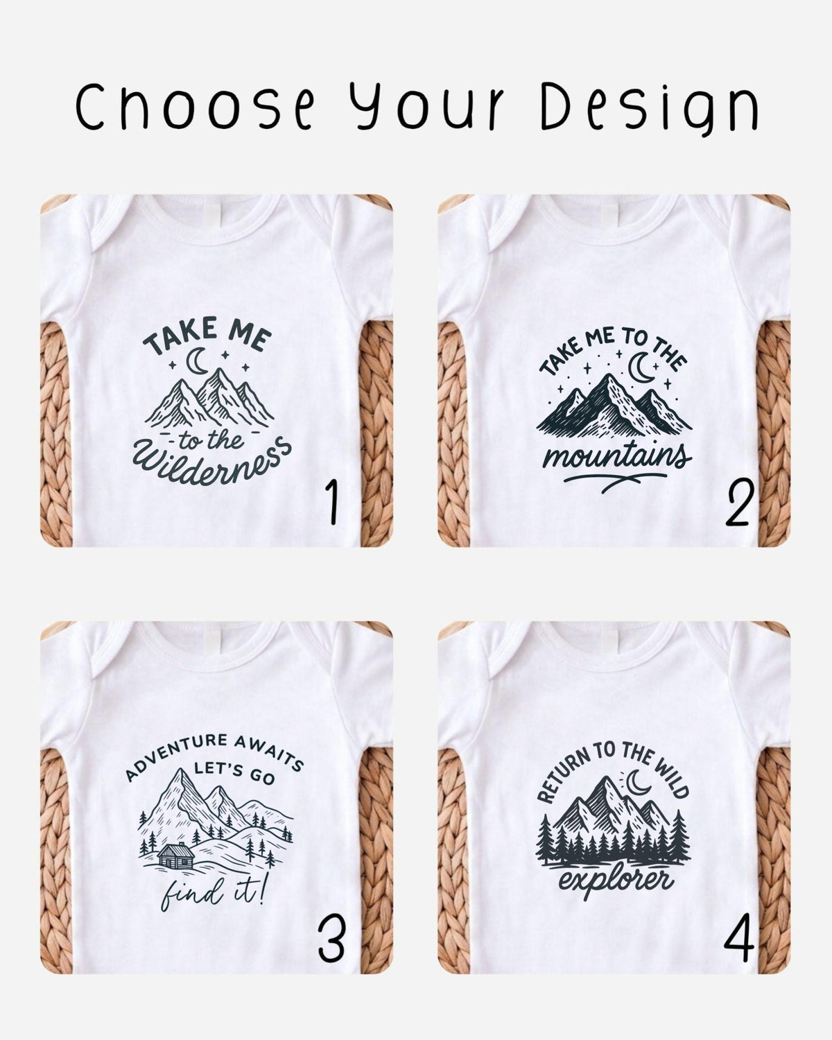 four different t-shirt designs with mountain-themed graphics and inspirational phrases.