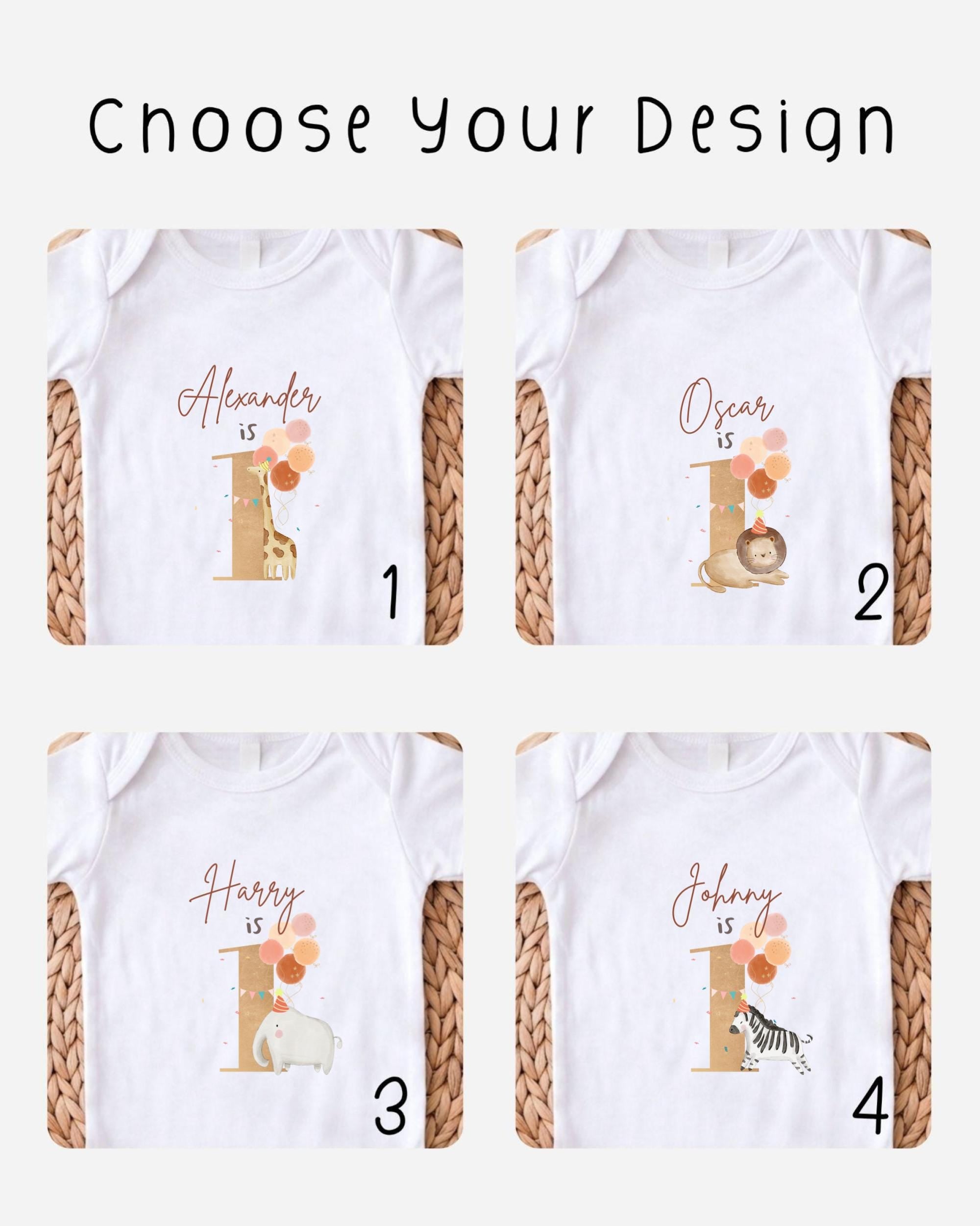 four different white t-shirts with personalized text and illustrations, likely representing birthday designs for children.