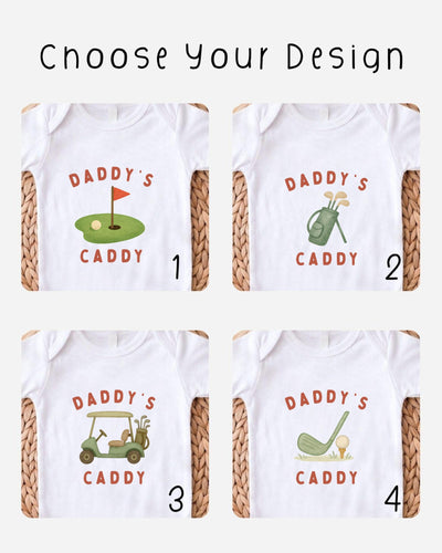 four different t-shirt designs featuring golf-related graphics and text, with the text "DADDY'S CADDY" printed on them.