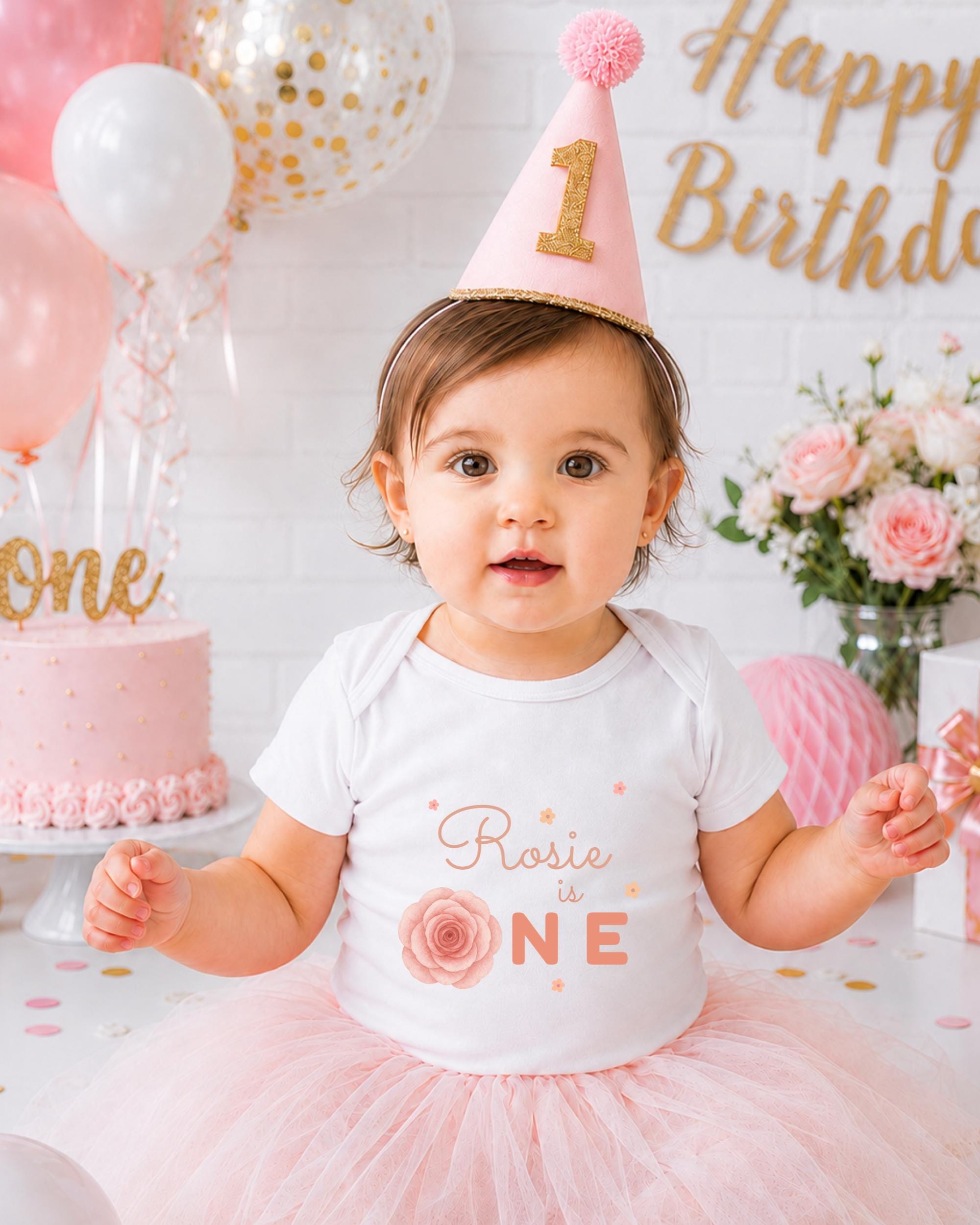 A young girl wearing a pink birthday hat and a white t-shirt with the text "Rosa is 1" is posing in front of a birthday cake and balloons.