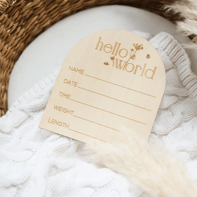 a wooden sign that says hello world next to a basket