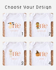 four different t-shirt designs featuring cartoon characters, including a ghost, skeleton, pumpkin, and a witch.
