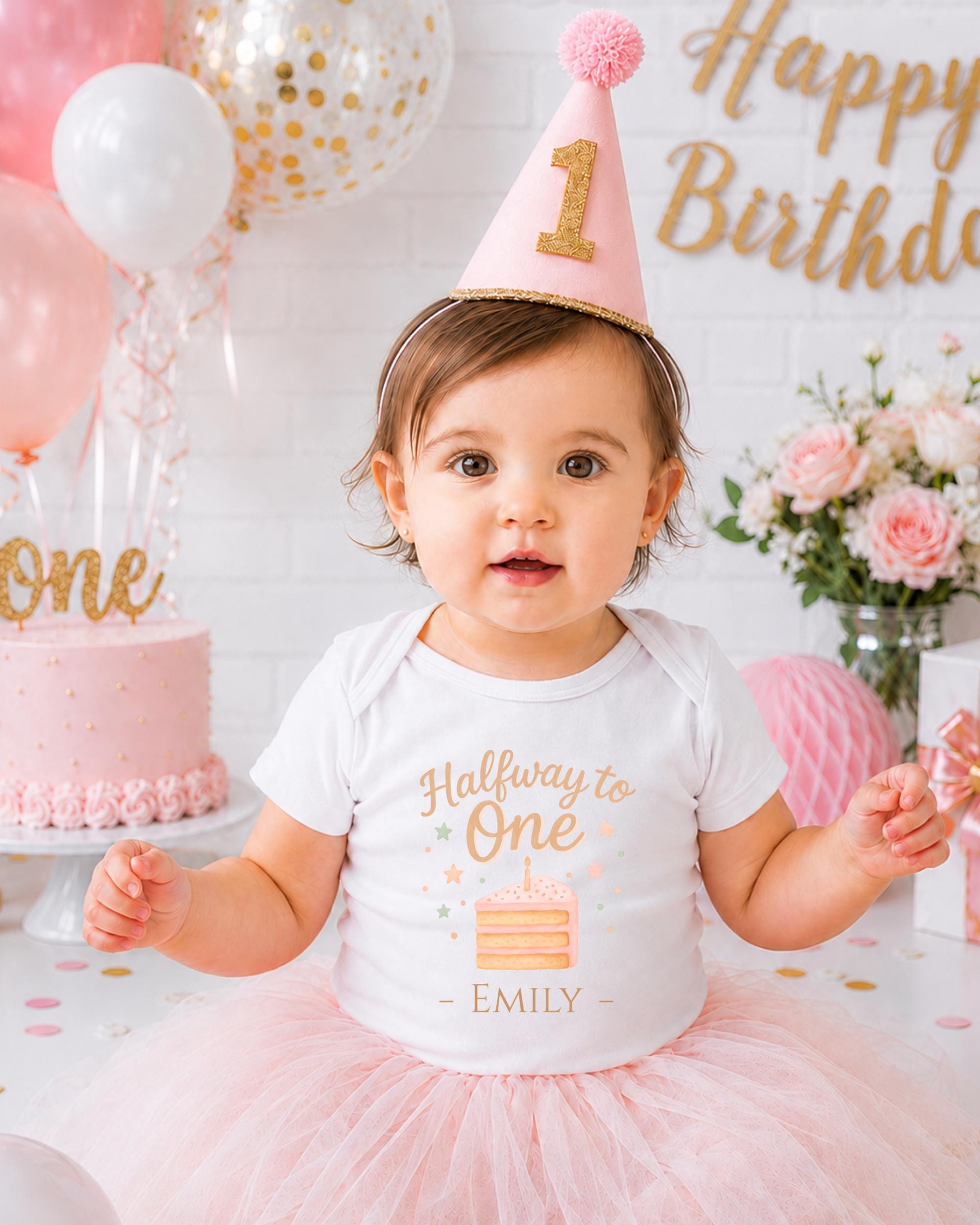 A young girl wearing a birthday hat and a white t-shirt with a cake design is posing in front of a birthday cake and balloons.