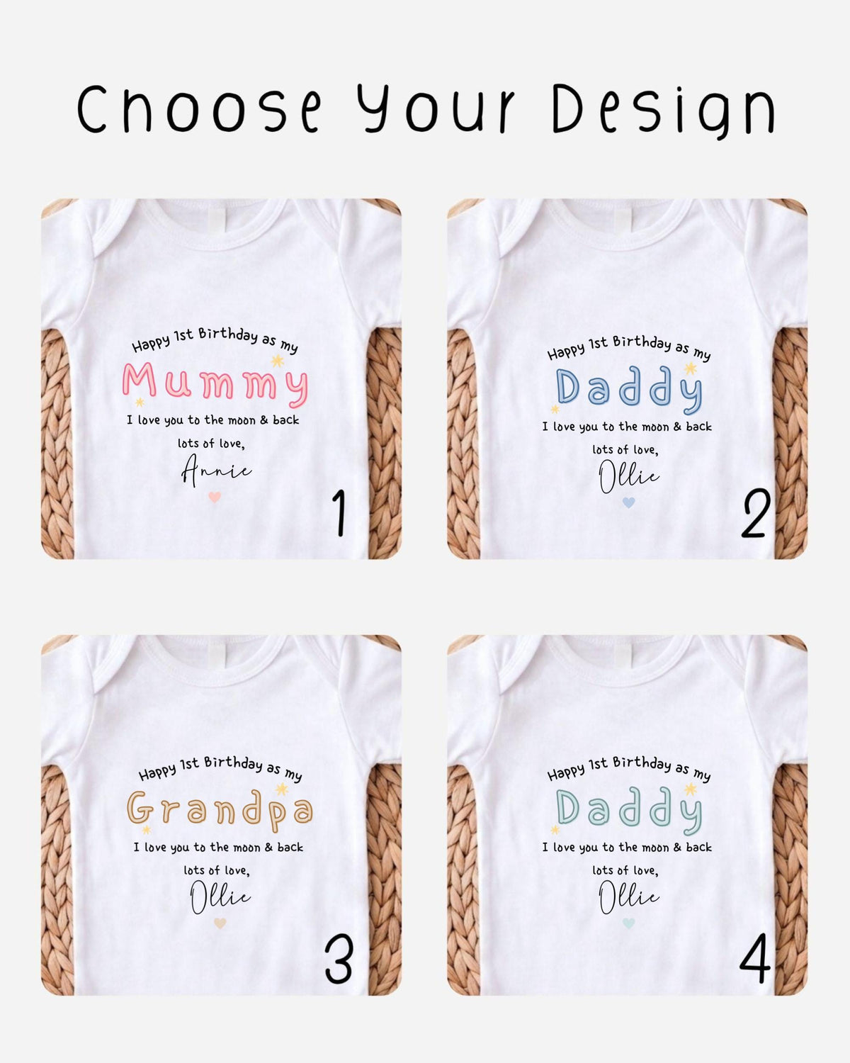 four different t-shirt designs with personalized messages for a first birthday celebration.
