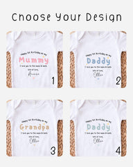four different t-shirt designs with personalized messages for a first birthday celebration.