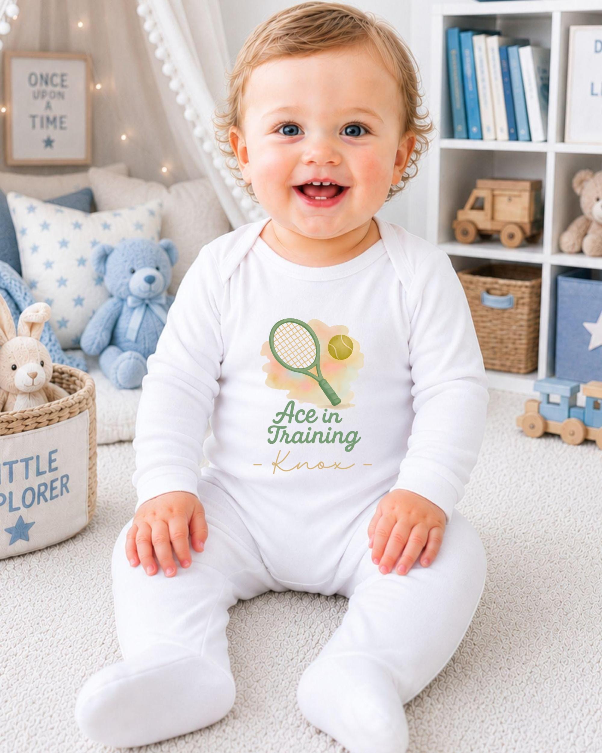 A smiling baby boy wearing a white onesie with a tennis racket and the text "Ace in Training - Knee" is sitting on the floor in a nursery setting.