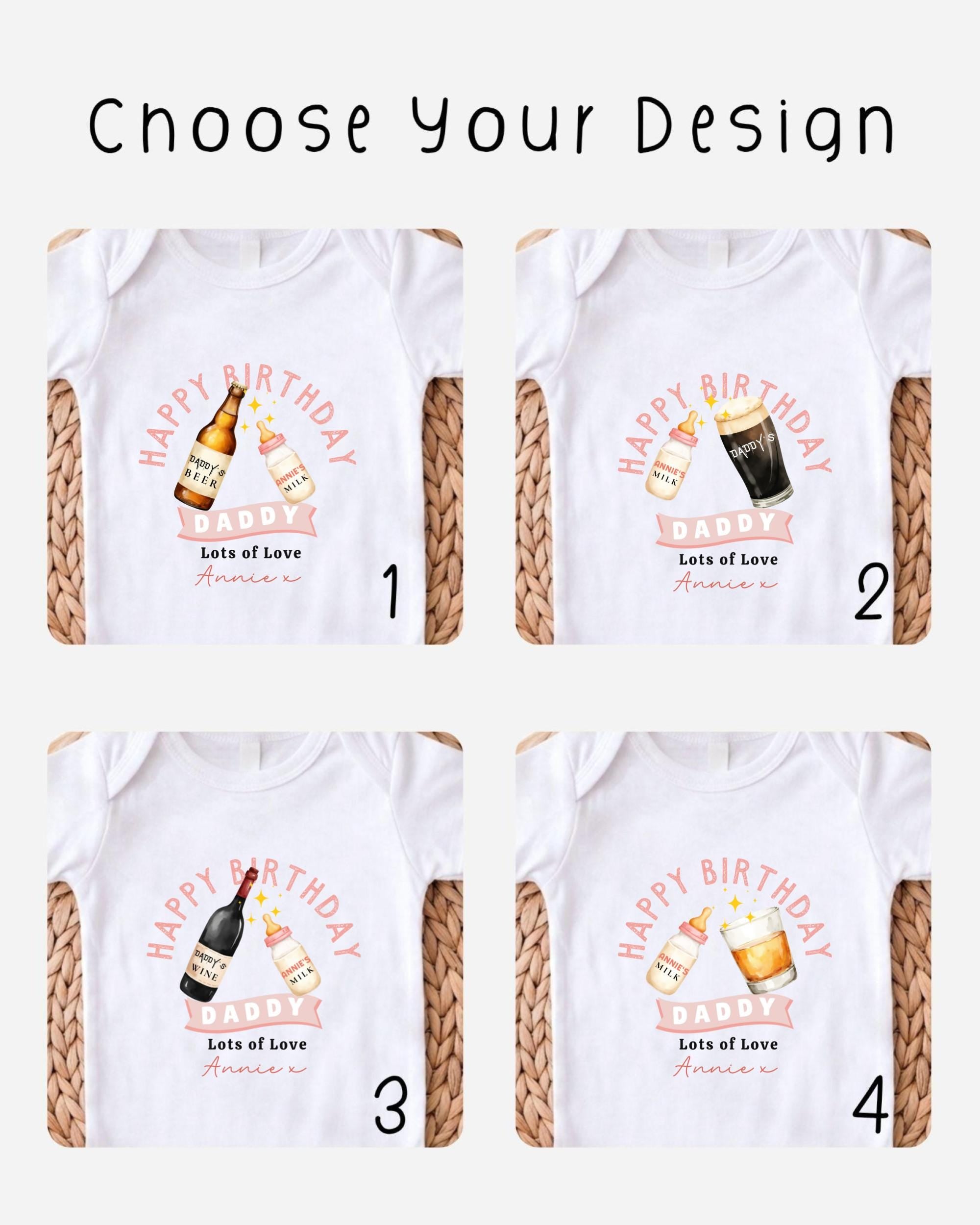 four different t-shirt designs featuring birthday-themed graphics and text.