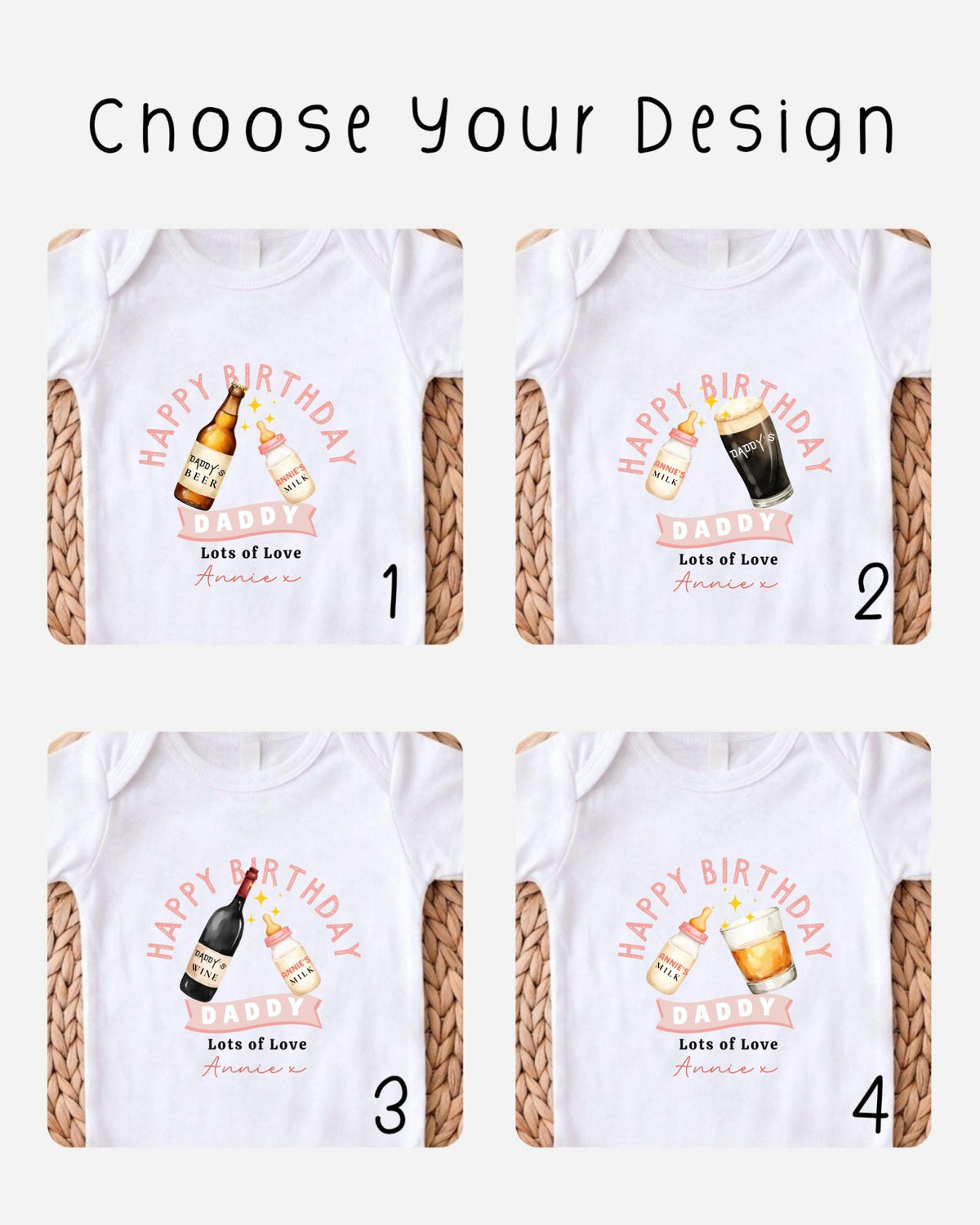 four different t-shirt designs featuring birthday-themed graphics and text.