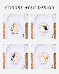 four different t-shirt designs featuring birthday-themed graphics and text.