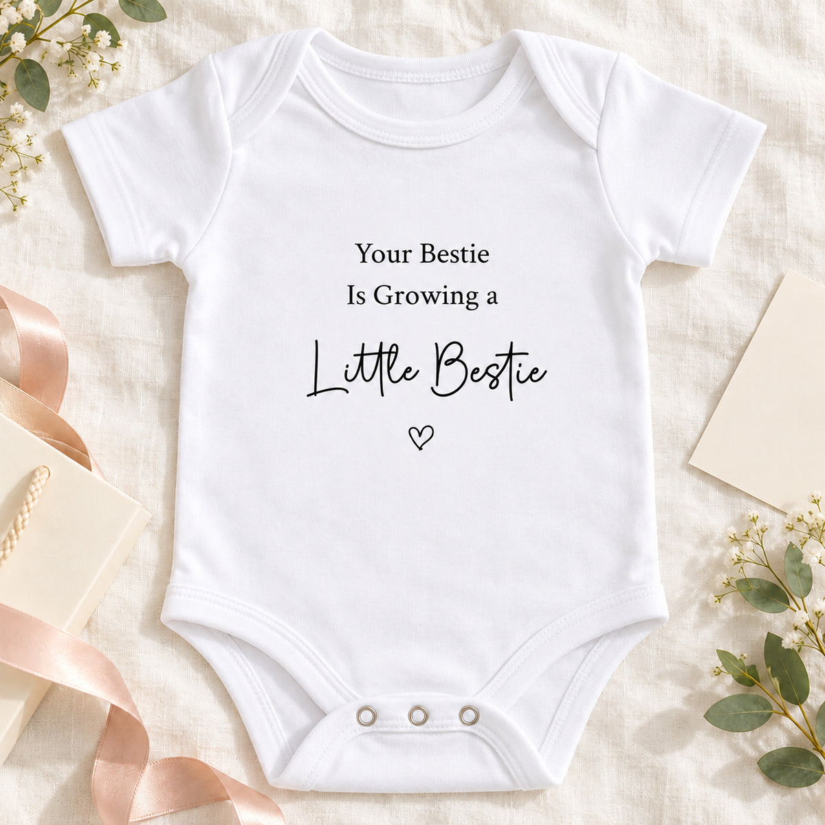 Pregnancy announcement Baby Vest reading Your Bestie Is Growing a Little Bestie, styled on beige linen with a kraft gift bag, pink ribbon, cream card and foliage, with a props notice.