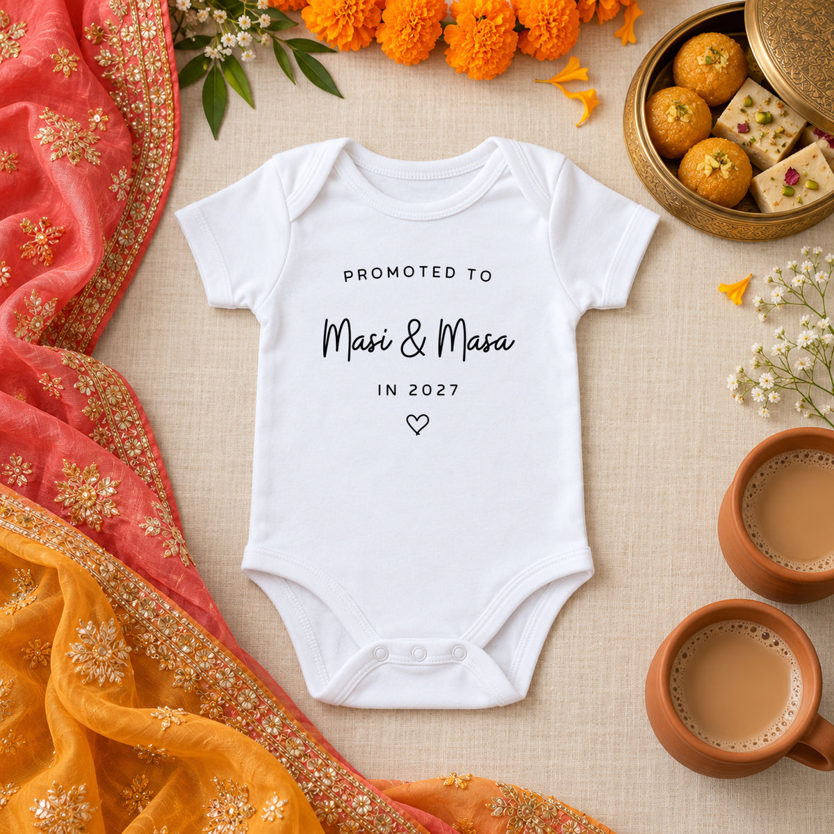 White Baby Vest reading Promoted to Masi & Masa in 2027, with a heart, on an ivory tablecloth beside marigolds, mithai, terracotta chai cups and a coral embroidered dupatta.
