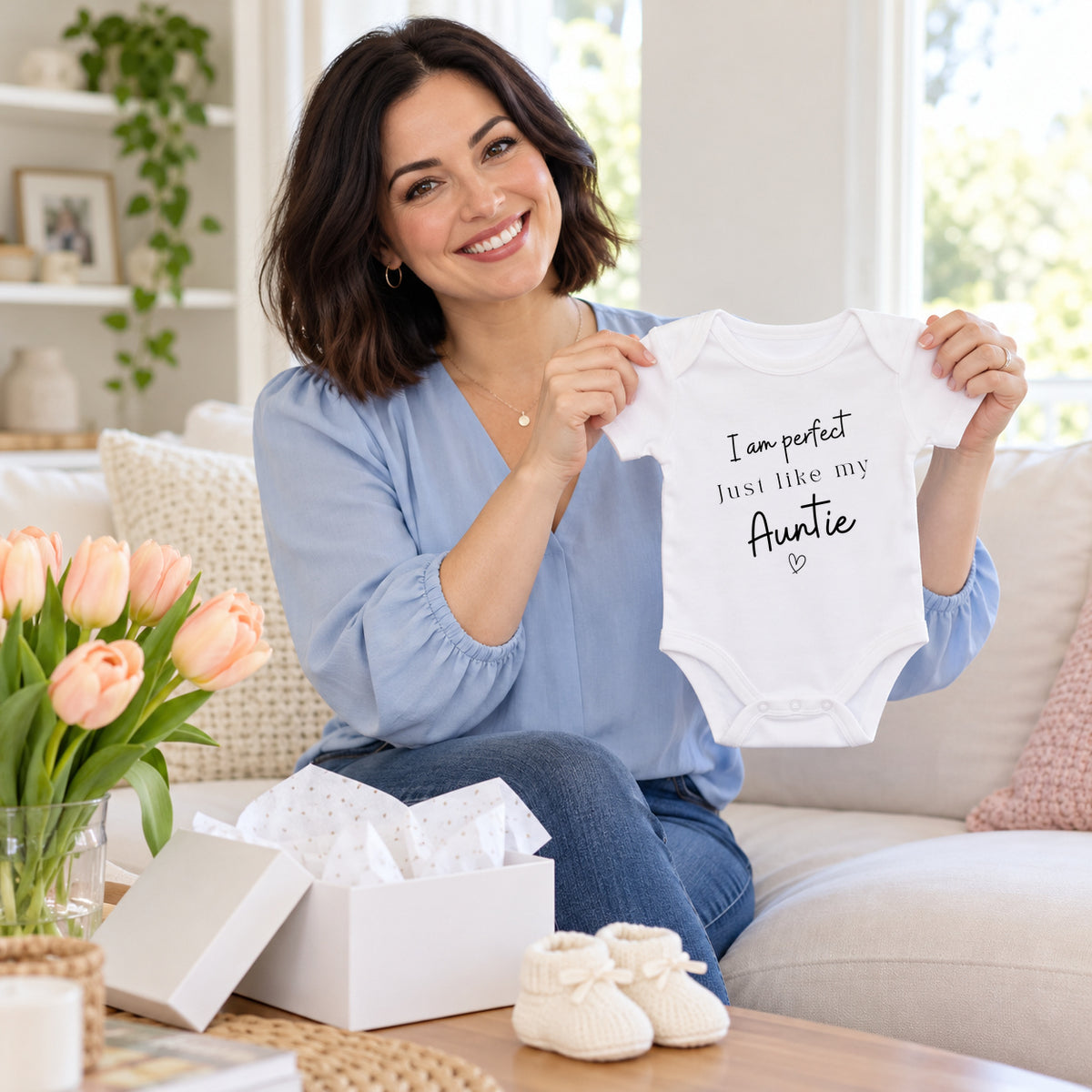 Smiling auntie in a blue blouse holding a white I am perfect Just like my Auntie Baby Vest on a sofa, with an open gift box, peach tulips and baby booties.