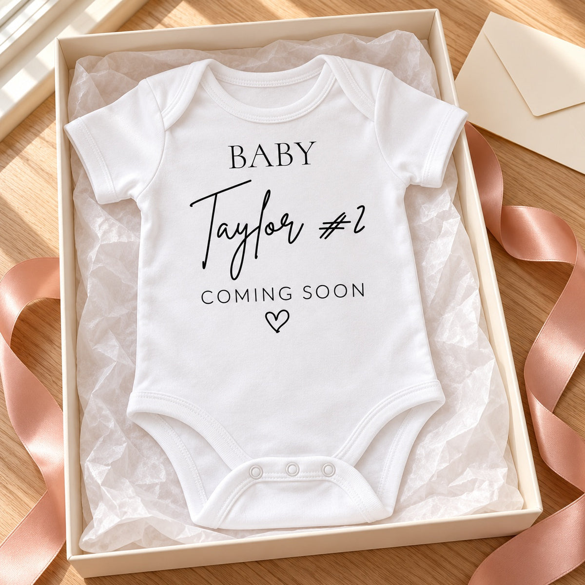 White Baby Vest with black BABY Taylor #2 Coming Soon wording and outlined heart in an ivory tissue-lined gift box, with blush ribbon and a cream envelope on a sunlit oak table.