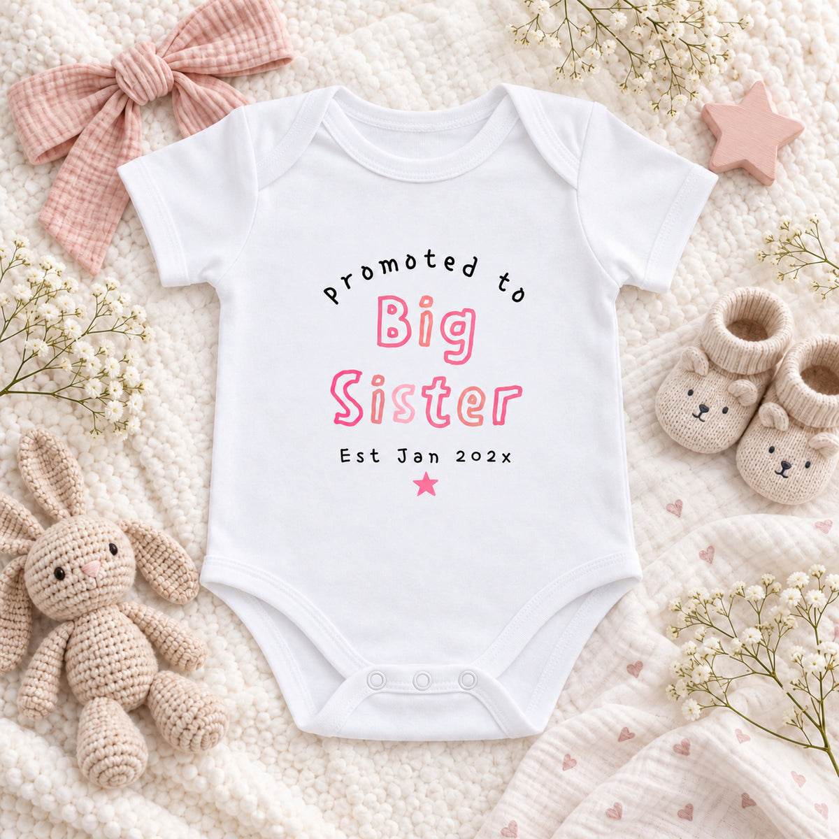 White Promoted to Big Sister Baby Vest with pink lettering, expected arrival date and star in a bright blush nursery flat lay.