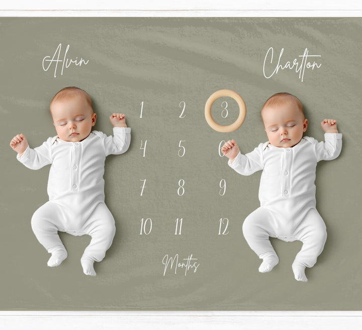 Sage Green Twins Milestone Blanket - Baby Pandas