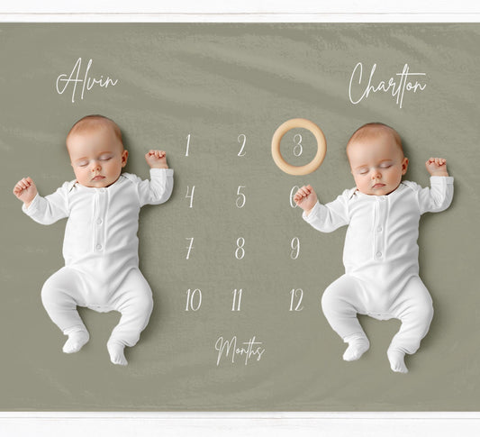 Sage Green Twins Milestone Blanket - Baby Pandas