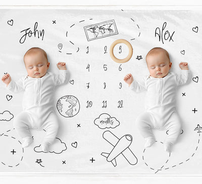 Twins Travel Themed Milestone Blanket - Baby Pandas