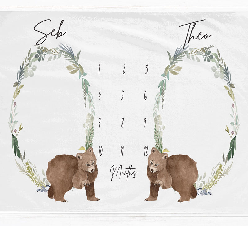 Twins Woodland Bear Milestone Blanket - Baby Pandas