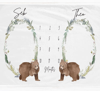 Twins Woodland Bear Milestone Blanket - Baby Pandas